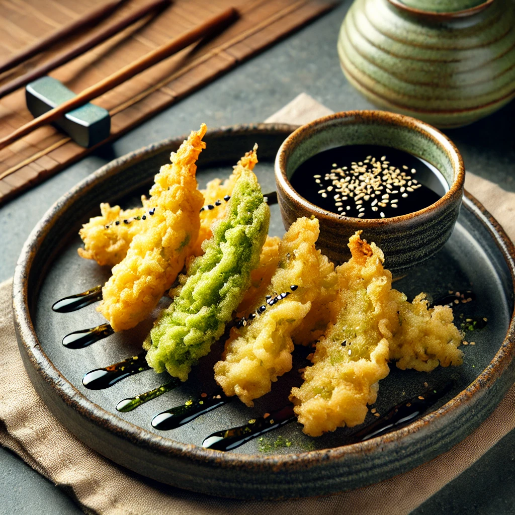 Crispy Matcha Tempura with Black Sesame Dipping Sauce 🍵✨
