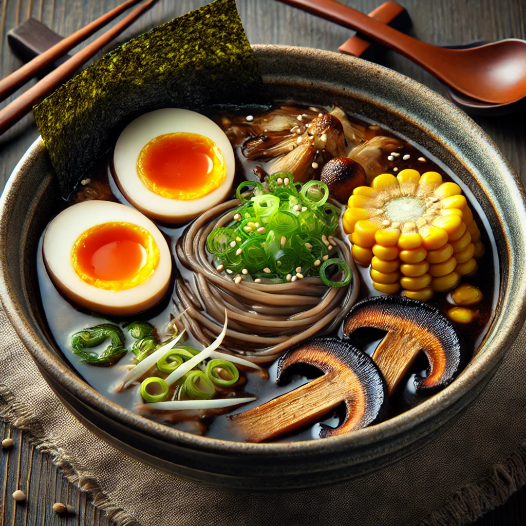Black Garlic Ramen with Charred Corn & Soft-Boiled Egg 🍜