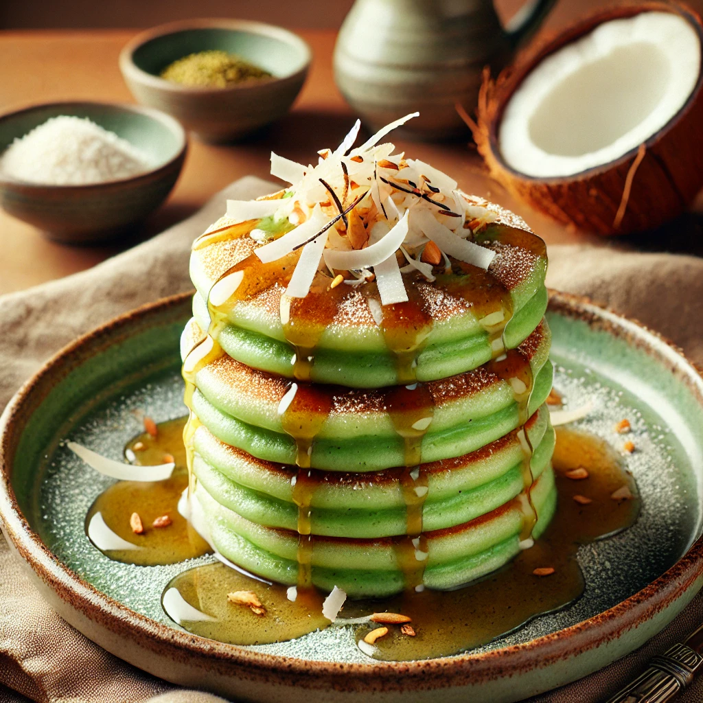 Pandan Mochi Pancakes with Coconut Syrup 🥞🥥
