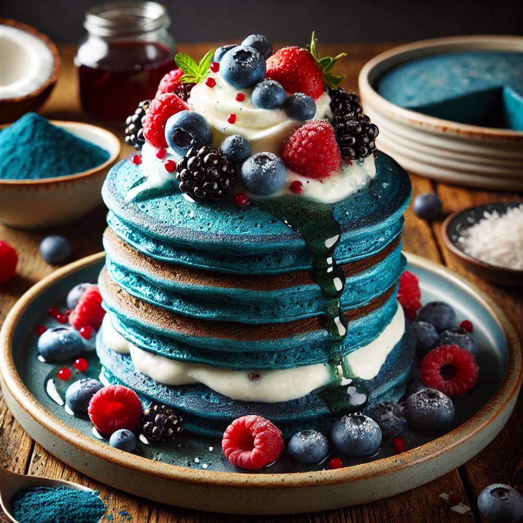 Blue Spirulina Pancakes with Coconut Cream