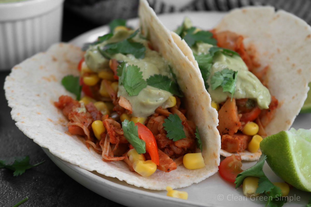 Spicy Jackfruit & Kimchi Tacos with Avocado Lime Crema
