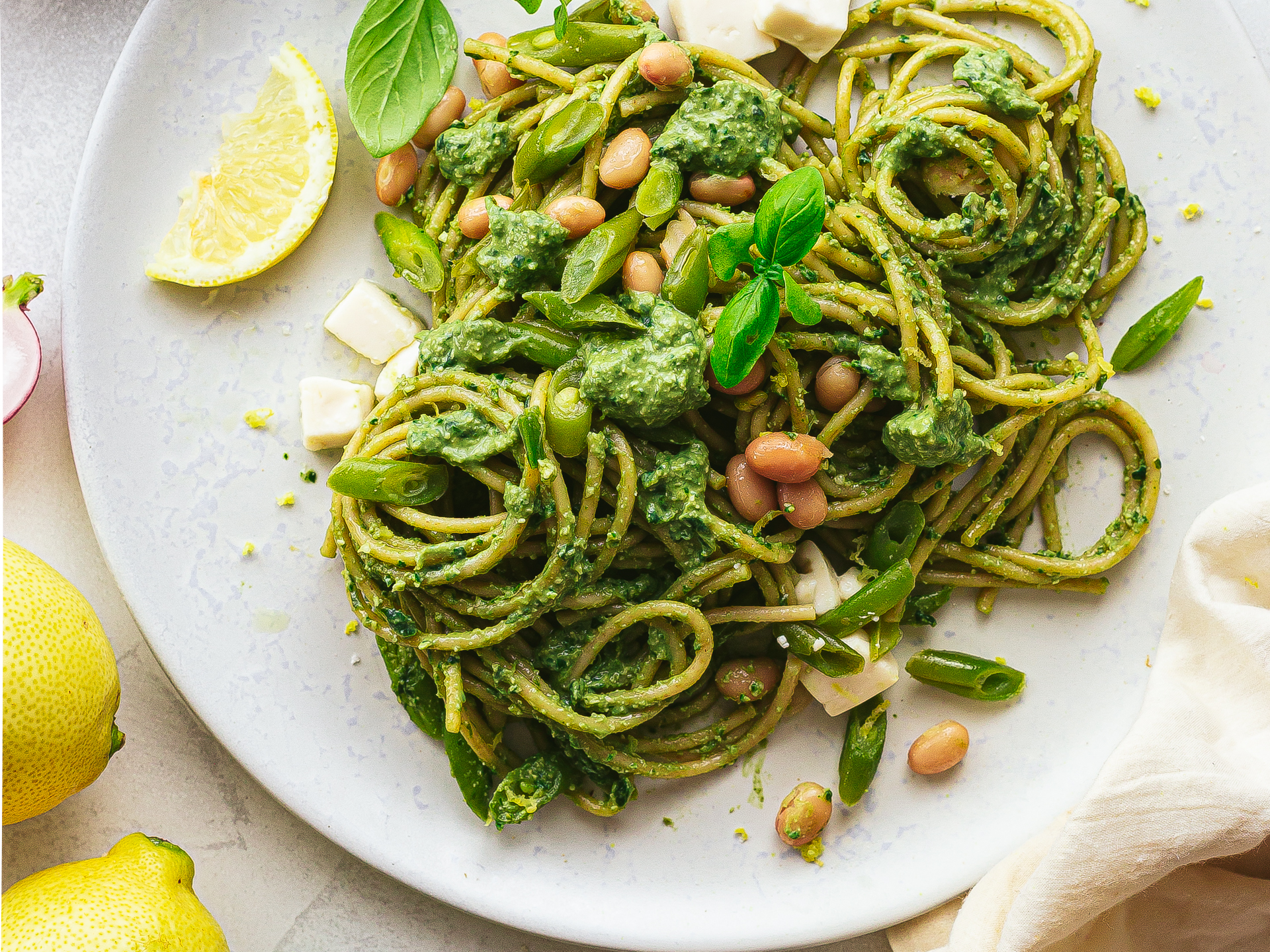 Matcha Pesto Pasta with Crispy Tofu